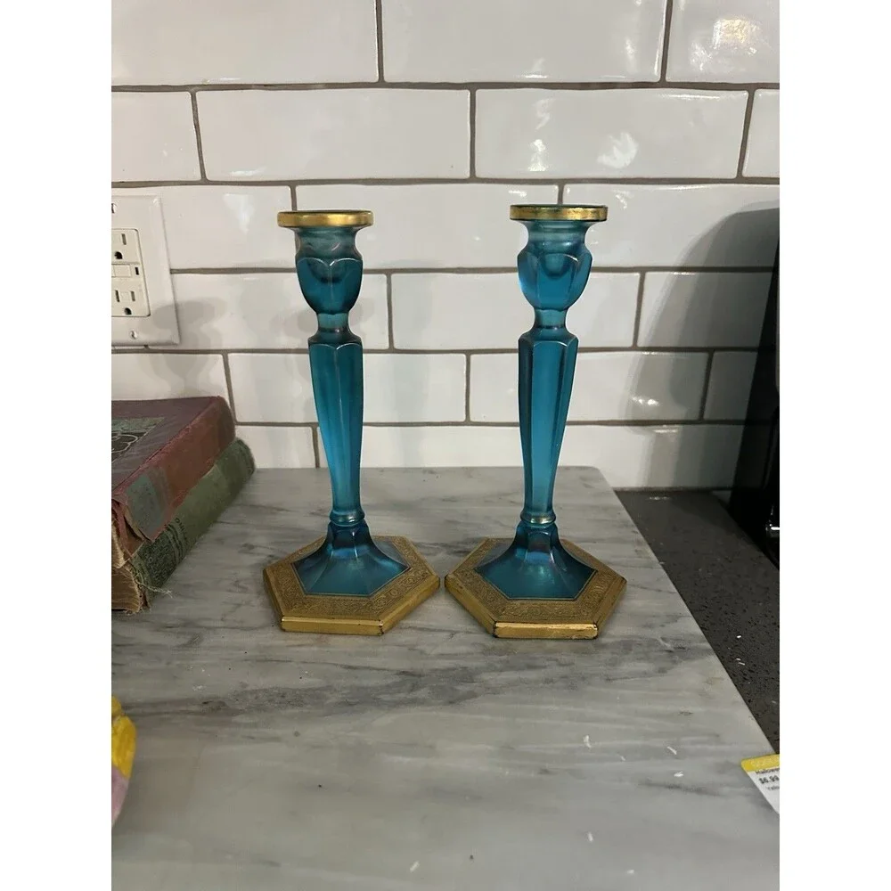 Pair of Vintage Fenton Celeste Blue & Gold Gilt Stretched 8.5 Inch Candlesticks